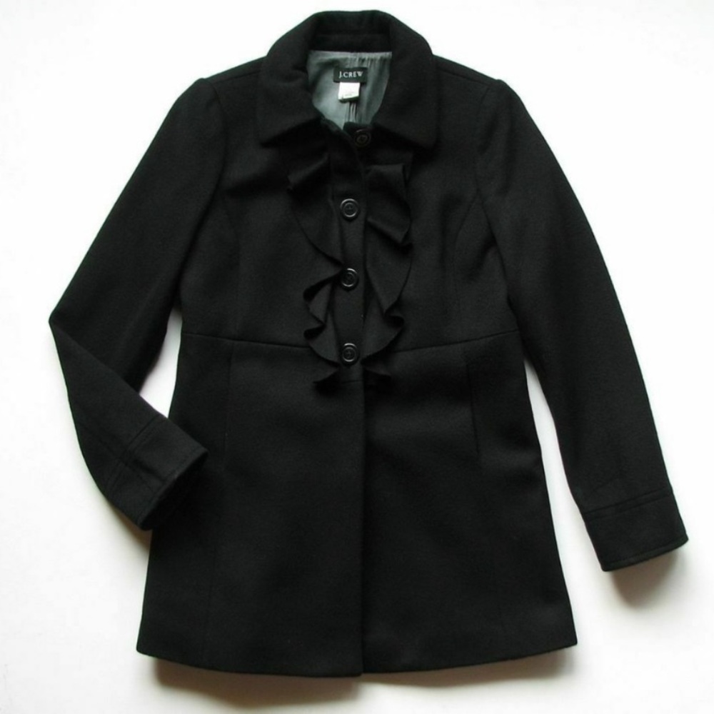 J Crew Black Wool Ruffle Front Coat